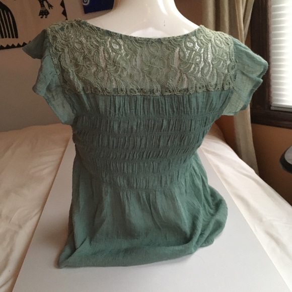 Butterfly Sleeves Ruched Blouse Blue Green Top S - Picture 3 of 7